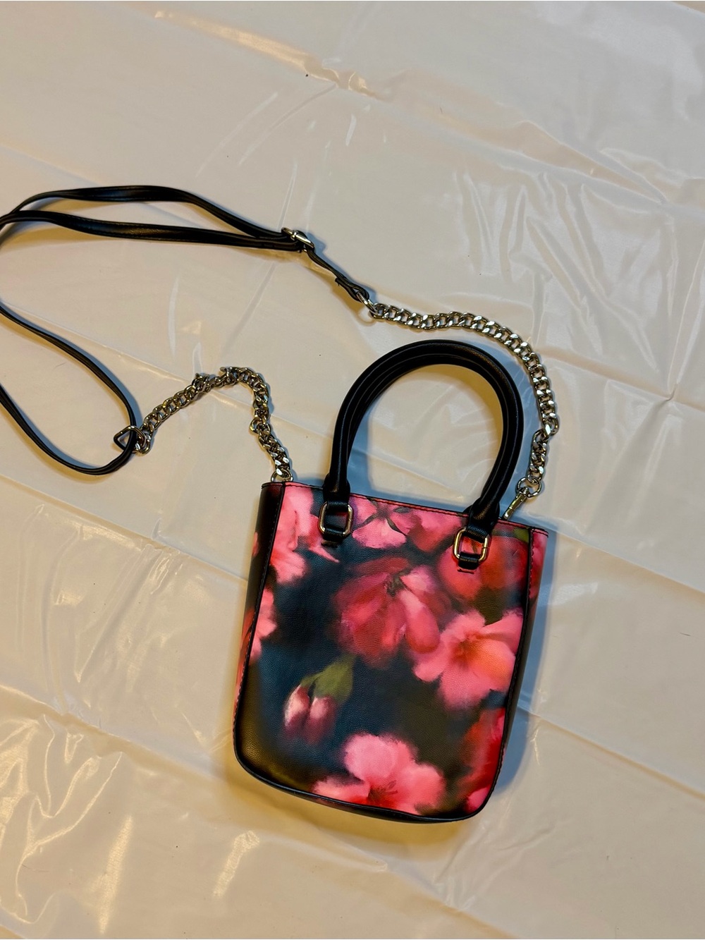 Floral Pink Mini Tote Crossbody Bag with Chain Strap